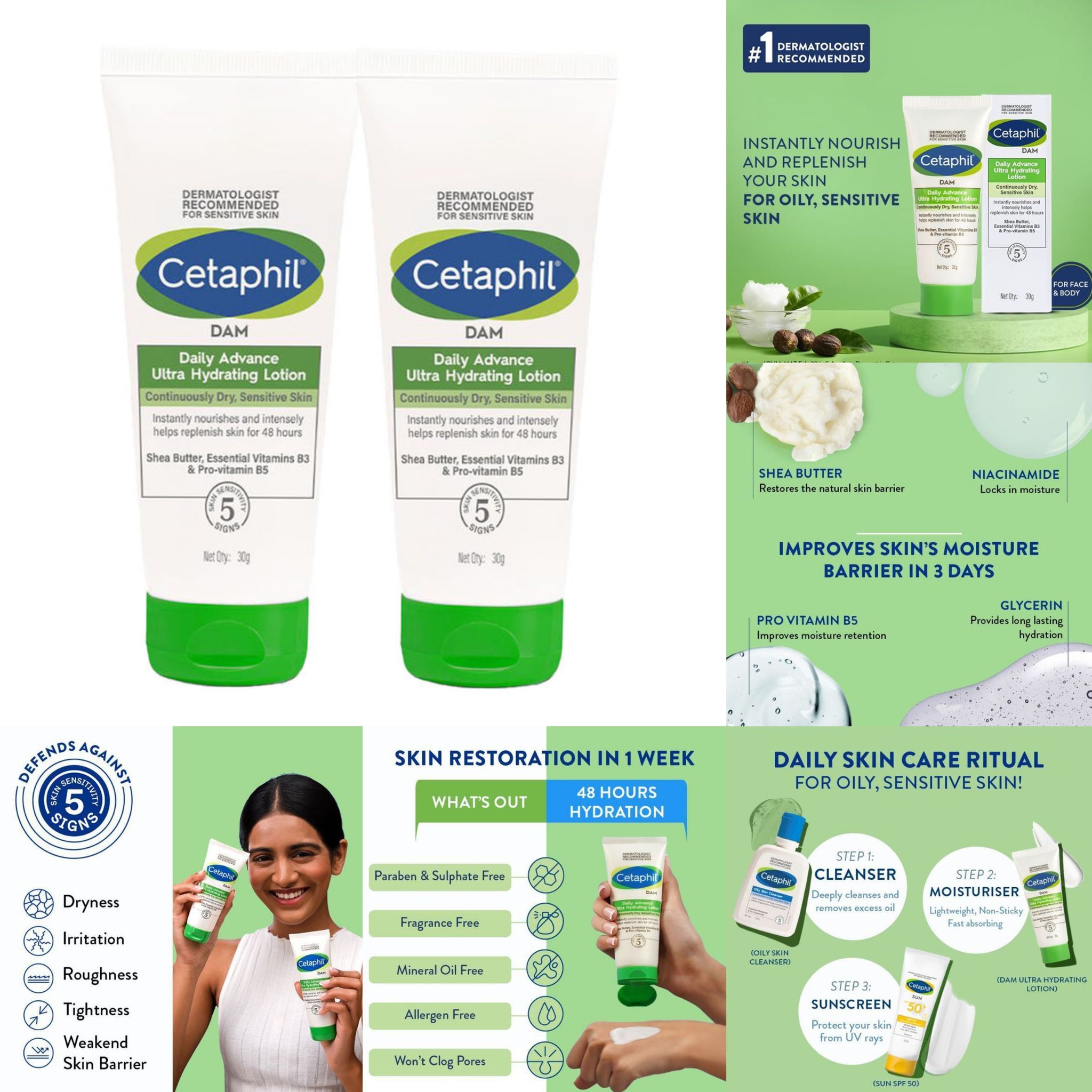 Cetaphil Daily Advance Ultra Hydrating Lotion 100g with Shea Butter & Niacinamide, Sensitive Skin (30g each) Pack of 2