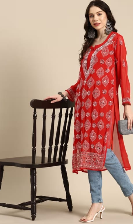 Red Bootajaal mirror Chikankari kurti