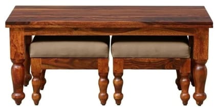 Shri Jangid Udhyog Solid Sheesham Wood Nesting Coffee Table with 2 Cushion Stool Honey Oak Finish Living Room Furniture