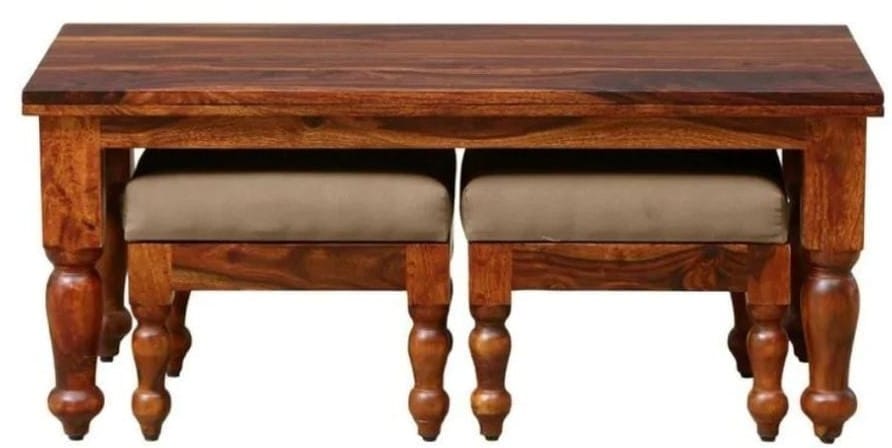 Shri Jangid Udhyog Solid Sheesham Wood Nesting Coffee Table with 2 Cushion Stool Honey Oak Finish Living Room Furniture