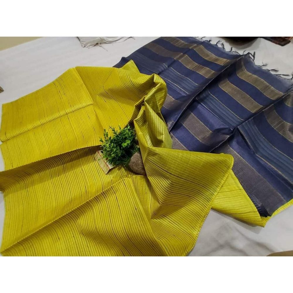 Silkmark Certified Eri Tussar Striped Yellow Body Saree with Blue Pallu Colour Blouse-3295 - Sarees | Buy online on ZillyBuy
