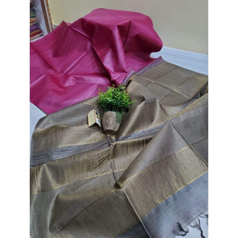 Silkmark Certified Eri Tussar Striped Pink Body Saree with Grey Pallu Colour Blouse-6238 - Sarees | Buy online on ZillyBuy