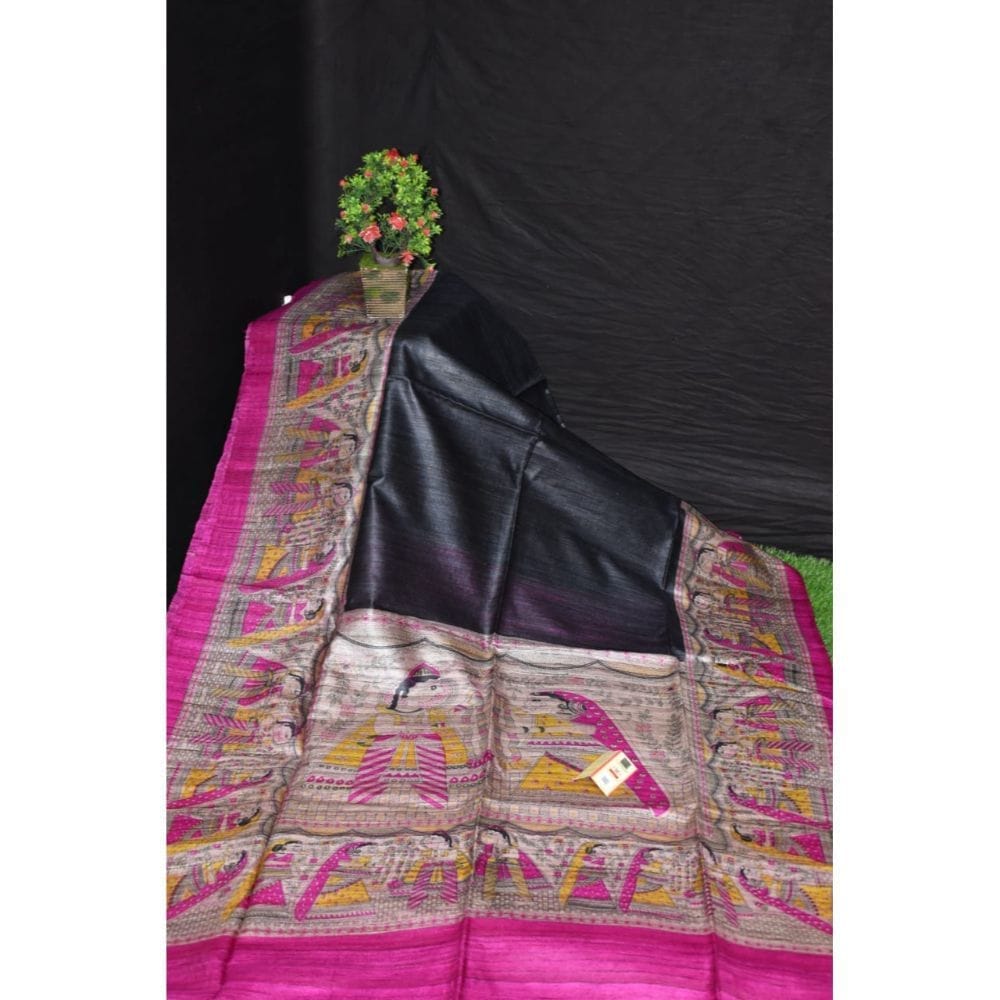 Silkmark Certified Tussar Silk Handloom Handblock Printed Black Saree with Blouse-6443 - Sarees | Buy online on ZillyBuy
