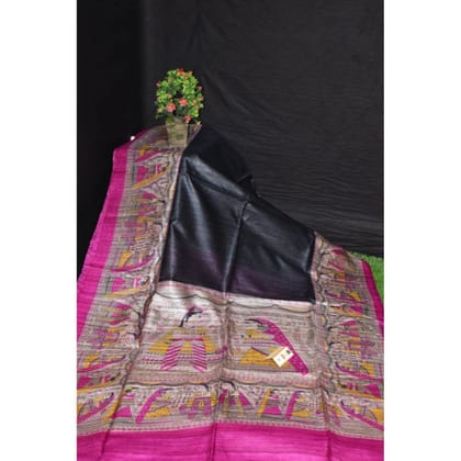 Silkmark Certified Tussar Silk Handloom Handblock Printed Black Saree with Blouse-6443 Silkmark Certified Tussar Silk Handloom Handblock Printed Black Saree with Blouse-6443
