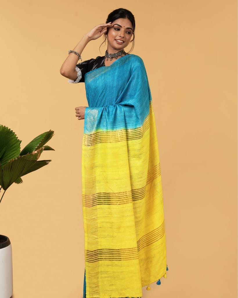 Silkmark Certified Gichcha Tussar Handloom Hand Dyed  Blue Saree with Blouse-1695 - Sarees | Buy online on ZillyBuy