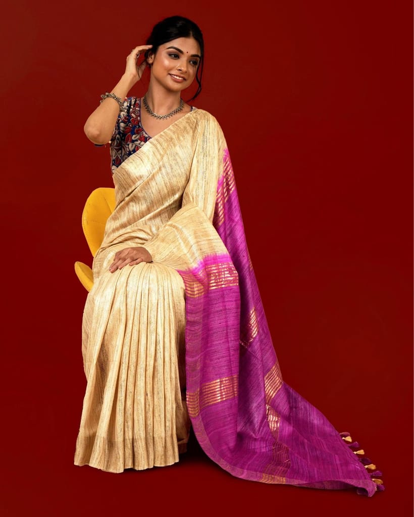 Silkmark Certified Gichcha Tussar Handloom Hand Dyed  Biege Saree with Blouse-6907 - Sarees | Buy online on ZillyBuy