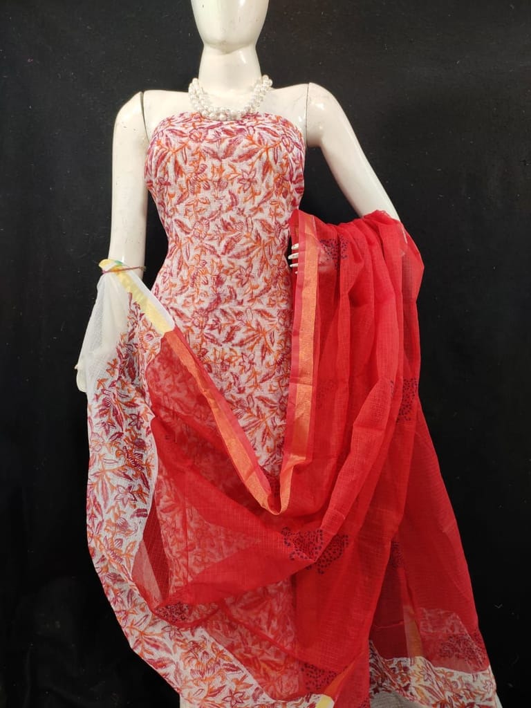 Kota Doria Red Suit Material Handblock Printed with Zari Border Dupatta-4929 - Kurtas & Kurta Sets | Buy online on ZillyBuy