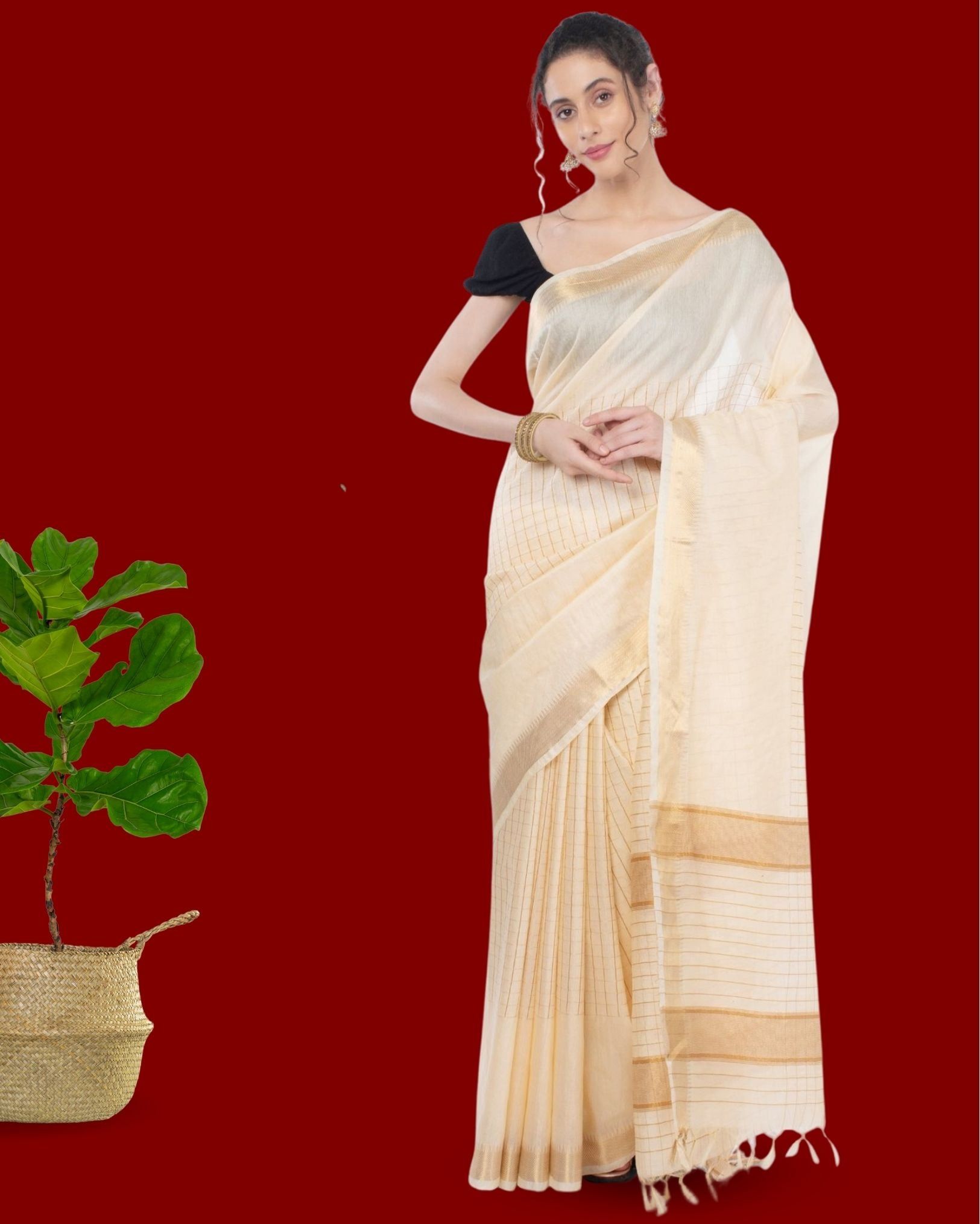 Kota Silk White  Saree with Running Blouse Zari Border Handcrafted-7399