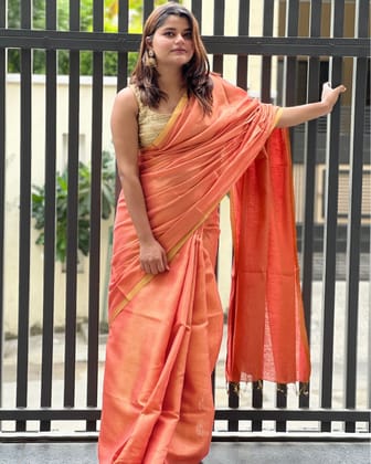 Hand Dyed Pure Tissue Linen Red Saree With Running Blouse Hand Dyed-7075 Hand Dyed Pure Tissue Linen Red Saree With Running Blouse Hand Dyed-7075