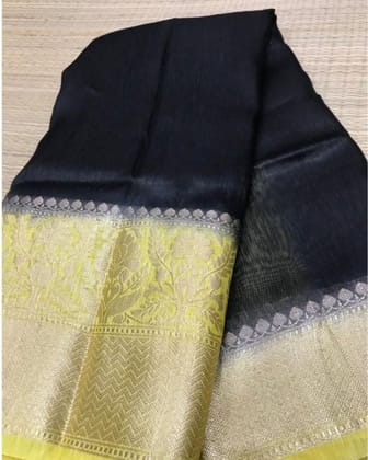 Silk Linen Banrasi Brocade Weaving Handloom Black Saree with Blouse-8407