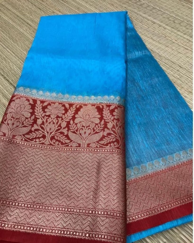 Silk Linen Banrasi Brocade Weaving Handloom Blue Saree with Blouse-3457 - Sarees | Buy online on ZillyBuy
