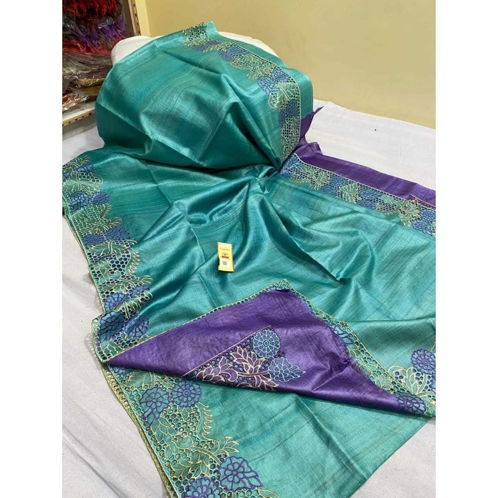 Silkmark Certified Pure Tussar Hand Cutwork Green Saree with Contrast Blouse-9446 - Sarees | Buy online on ZillyBuy