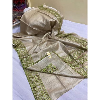 Silkmark Certified Pure Tussar Hand Cutwork Biege color Saree with Contrast Blouse-9644