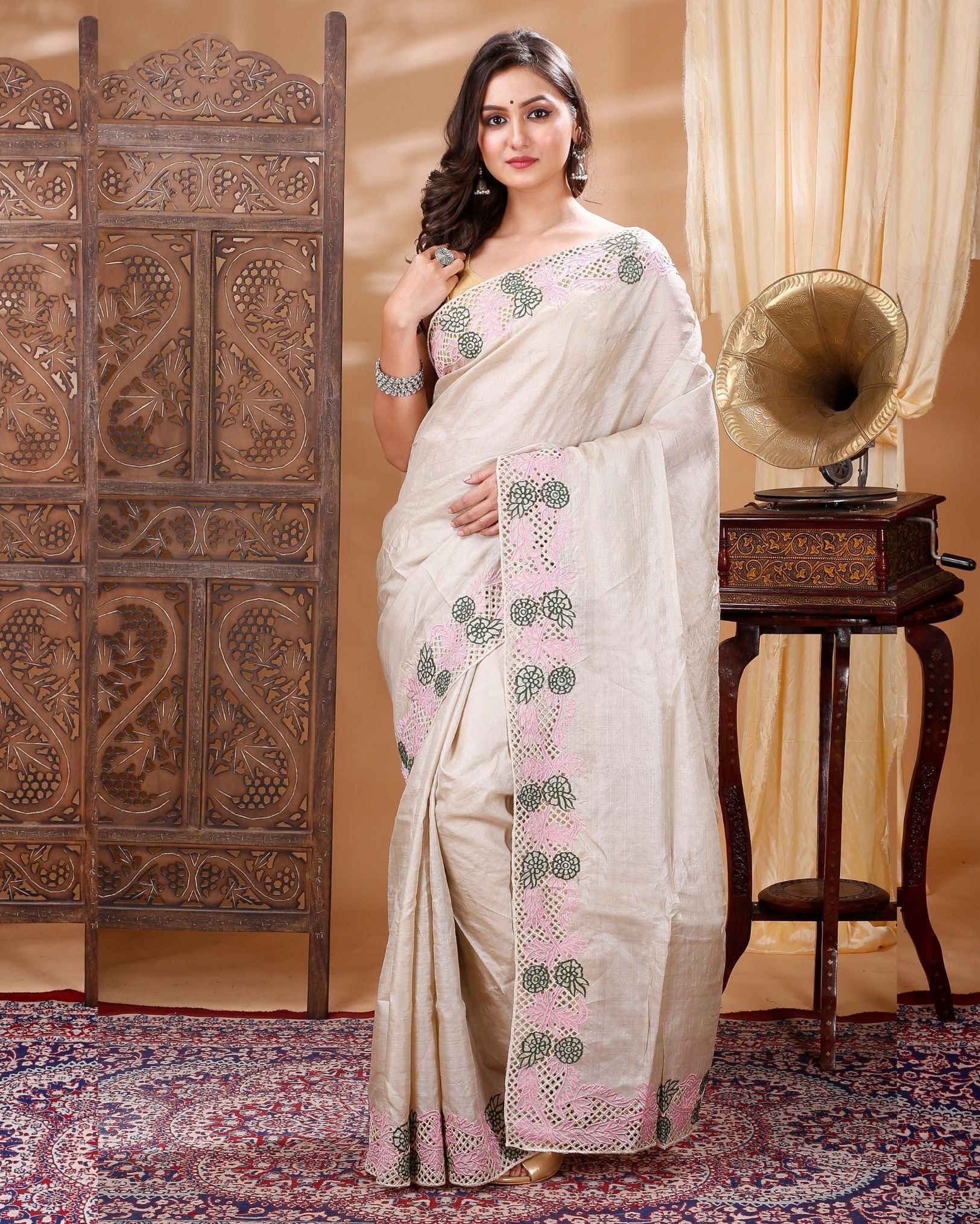 Silkmark Certified Pure Tussar Hand Cutwork Beige Color Saree with Contrast Blouse-9842