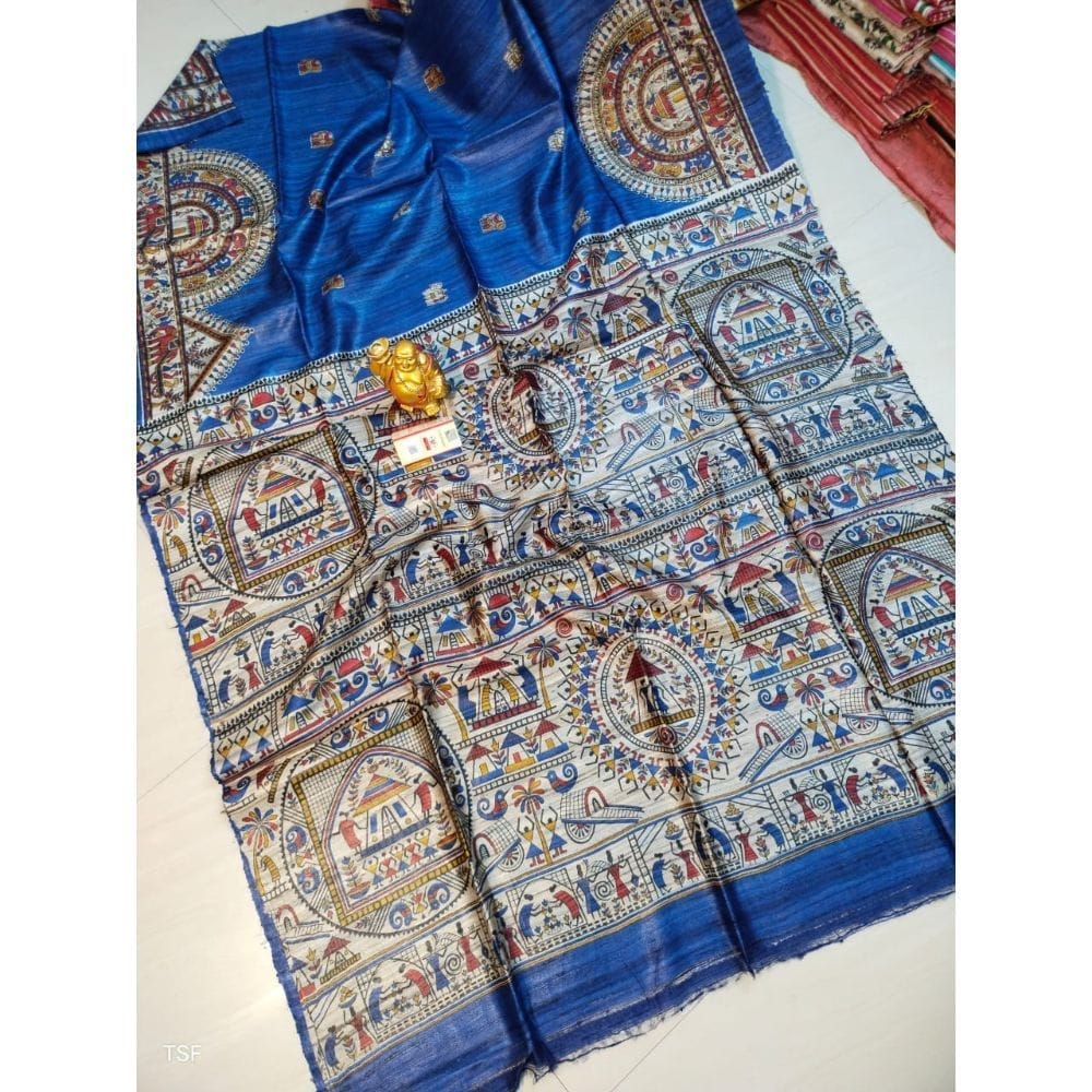 Silkmark Certified Tussar Silk Madhubani Block Print Blue Saree with Blouse-7470 - Sarees | Buy online on ZillyBuy
