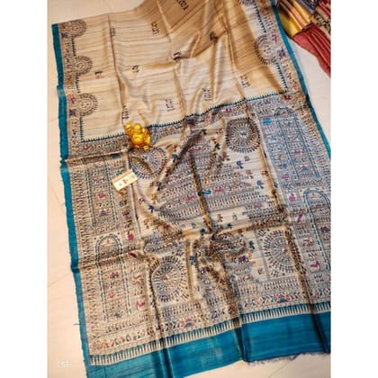 Silkmark Certified Tussar Silk Madhubani Block Print Biege color Saree with Blouse-1712