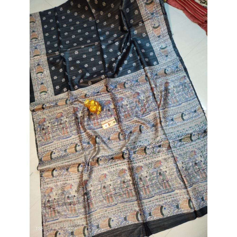 Silkmark Certified Tussar Silk Madhubani Block Print Black Saree with Blouse-1906