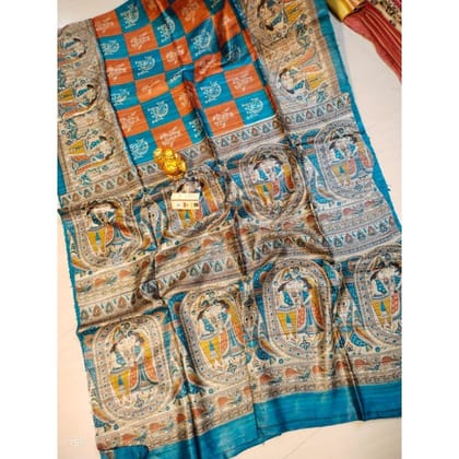 Silkmark Certified Tussar Silk Madhubani Block Print Orange color Saree-8204