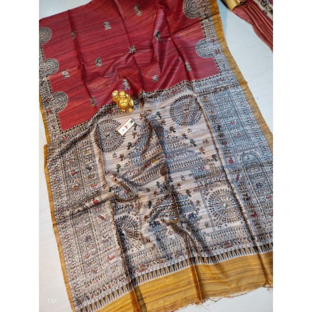 Silkmark Certified Tussar Silk Madhubani Block Print Red Saree with Blouse-7594 - Sarees | Buy online on ZillyBuy