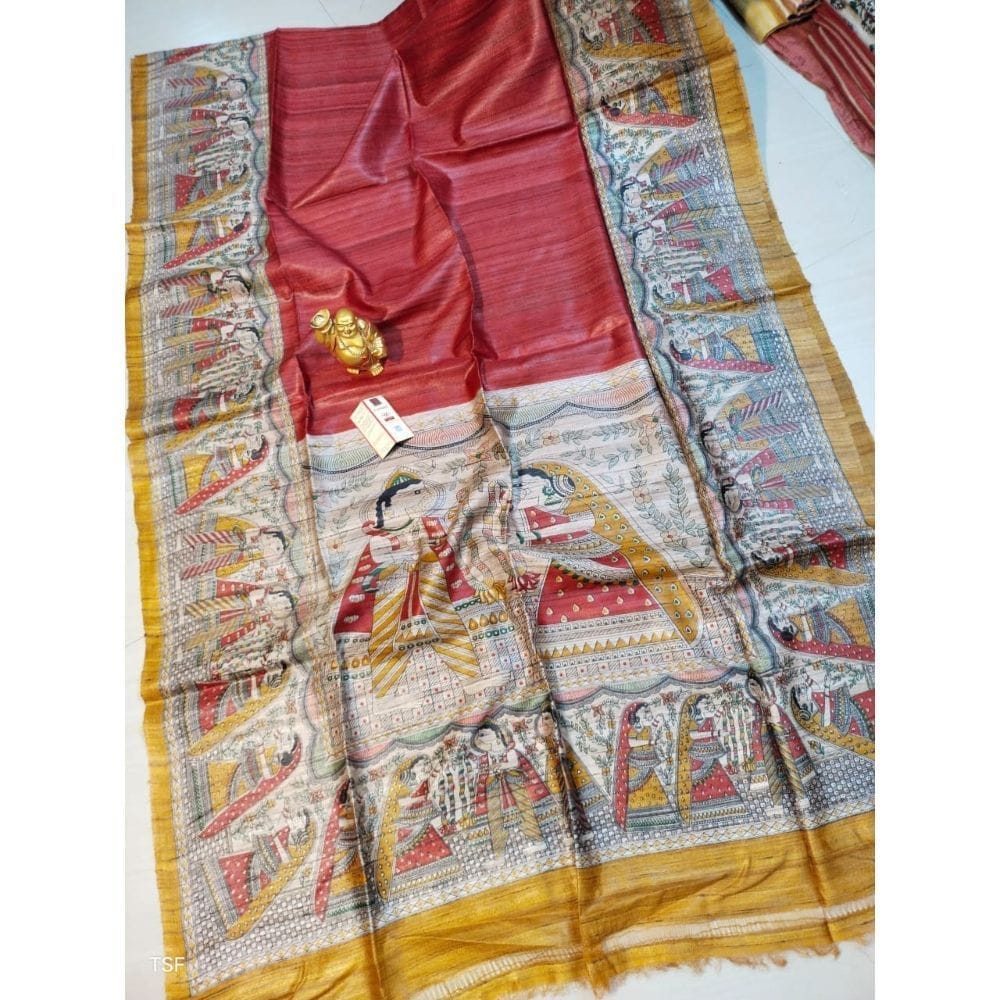 Silkmark Certified Tussar Silk Madhubani Block Print Red Saree with Blouse-7128