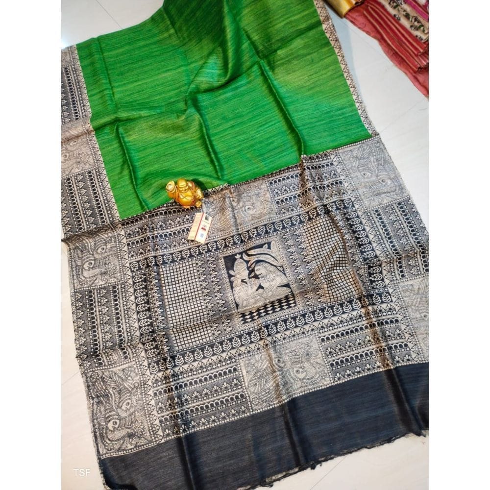 Silkmark Certified Tussar Silk Madhubani Block Print Green Saree with Blouse-1714 - Sarees | Buy online on ZillyBuy