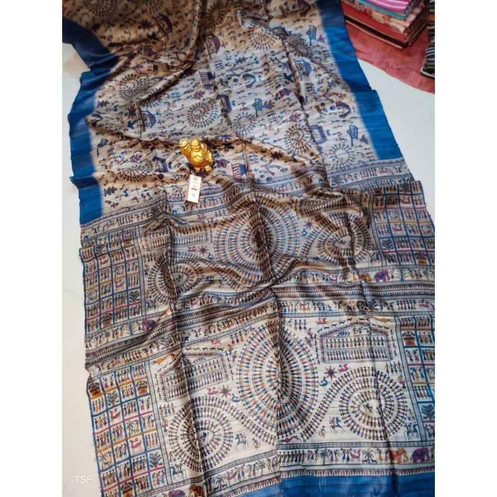 Silkmark Certified Tussar Silk Madhubani Block Print Biege color Saree with Blouse-1419 - Sarees | Buy online on ZillyBuy