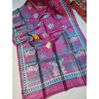 Silkmark Certified Tussar Silk Madhubani Block Print Biege color Saree with Blouse-3359