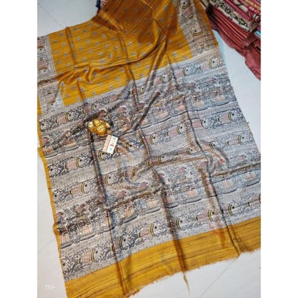 Silkmark Certified Tussar Silk Madhubani Block Print Yellow Saree with Blouse-2467 Silkmark Certified Tussar Silk Madhubani Block Print Yellow Saree with Blouse-2467