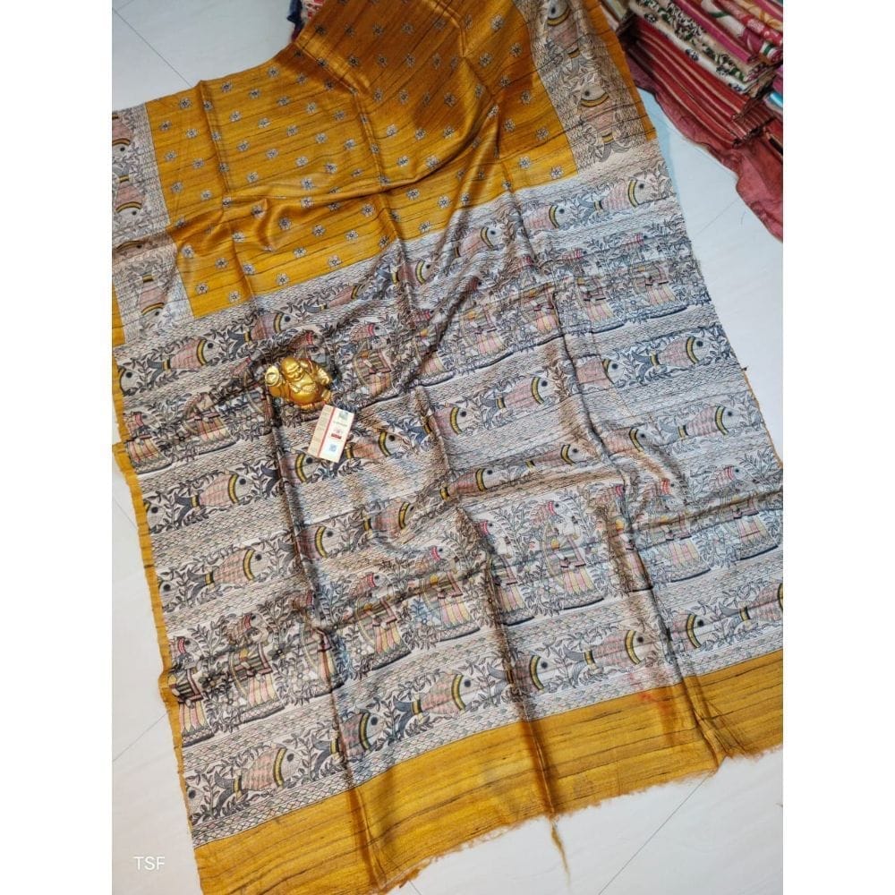 Silkmark Certified Tussar Silk Madhubani Block Print Yellow Saree with Blouse-2467