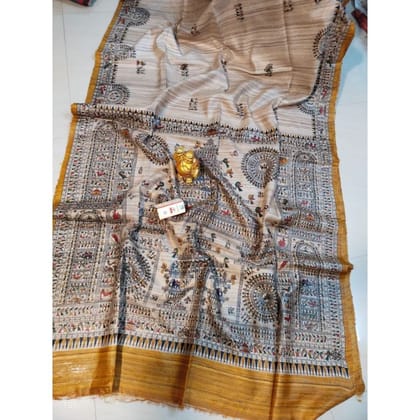 Silkmark Certified Tussar Silk Madhubani Block Print Biege color Saree with Blouse-5011