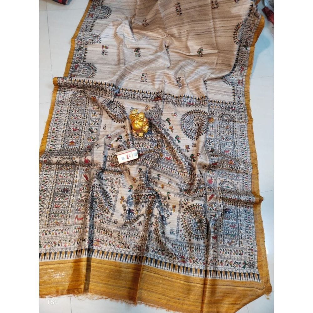 Silkmark Certified Tussar Silk Madhubani Block Print Biege color Saree with Blouse-5011