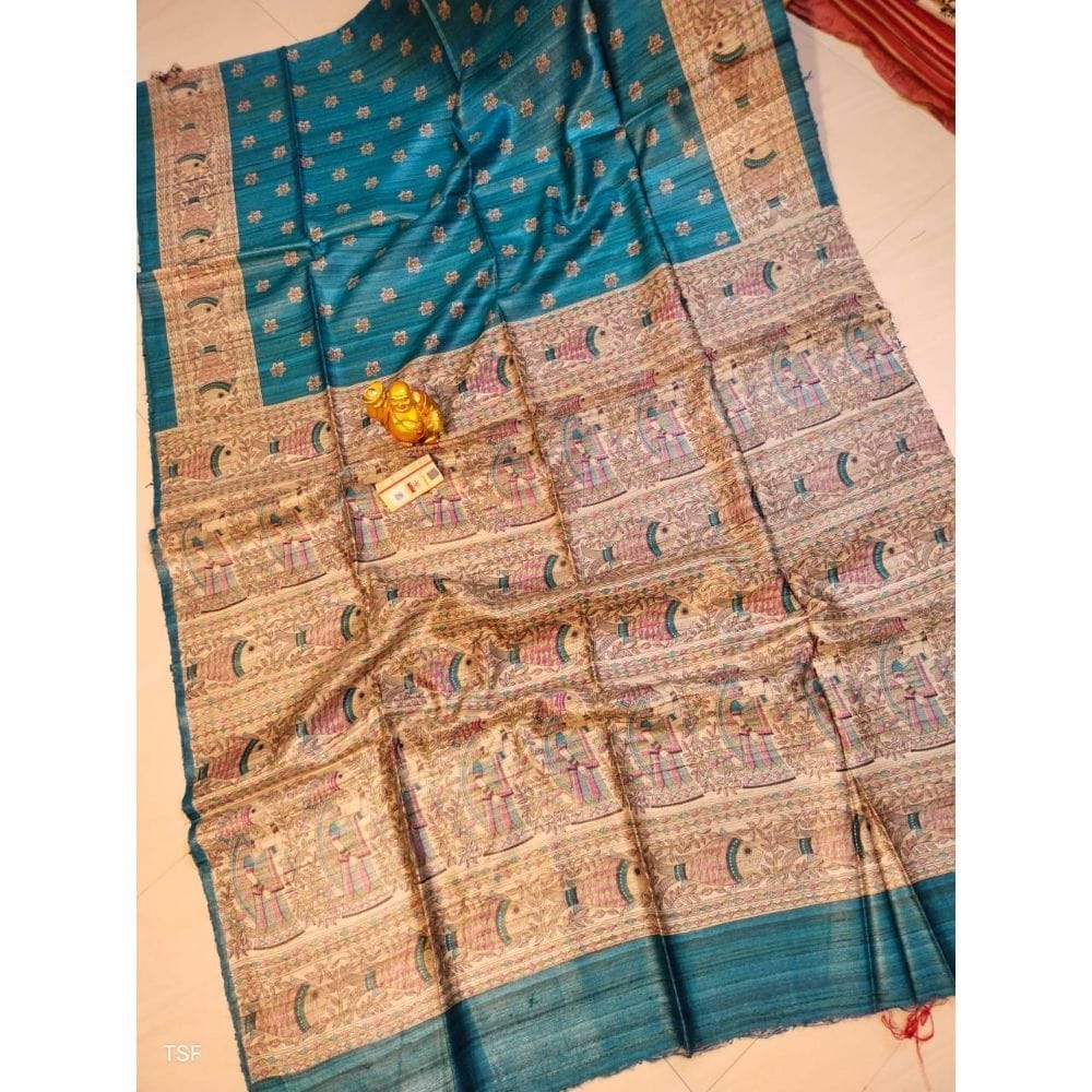 Silkmark Certified Tussar Silk Madhubani Block Print Blue Saree with Blouse-5842 - Sarees | Buy online on ZillyBuy