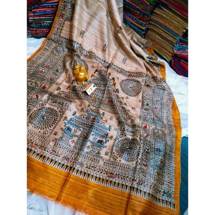 Silkmark Certified Tussar Silk Madhubani Block Print Biege color Saree with Blouse-5611