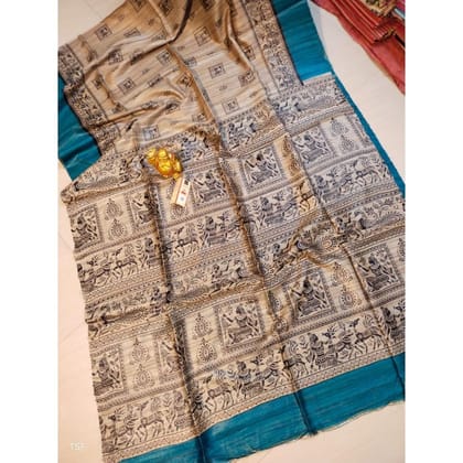 Silkmark Certified Tussar Silk Madhubani Block Print Biege color Saree with Blouse-4826