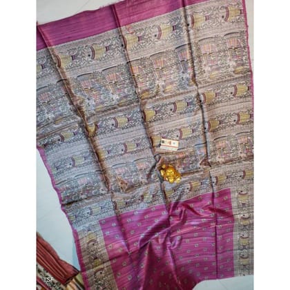 Silkmark Certified Tussar Silk Madhubani Block Print Biege color Saree with Blouse-9157