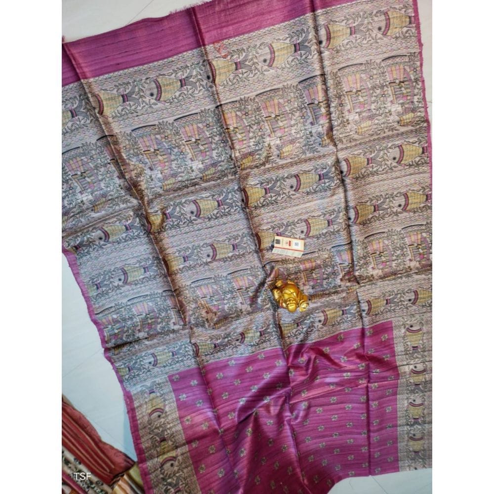 Silkmark Certified Tussar Silk Madhubani Block Print Biege color Saree with Blouse-9157