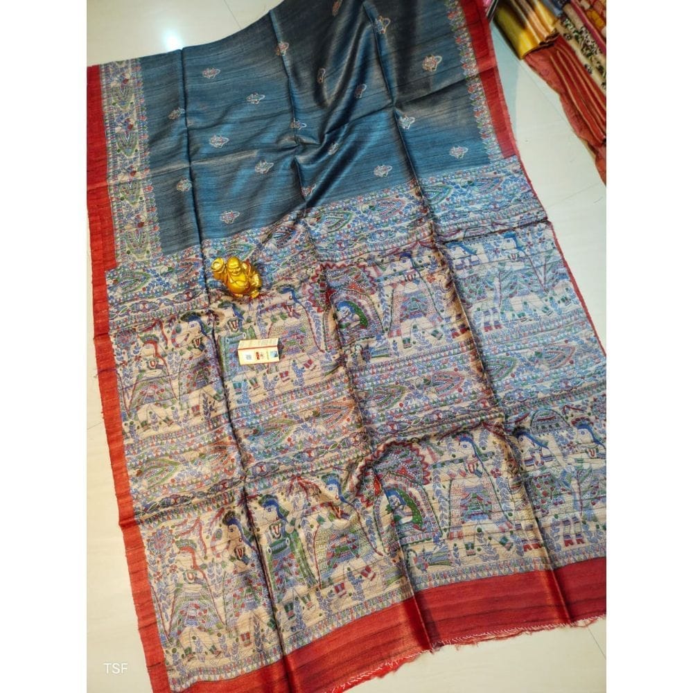Silkmark Certified Tussar Silk Madhubani Block Print Blue Saree with Blouse-5985 - Sarees | Buy online on ZillyBuy