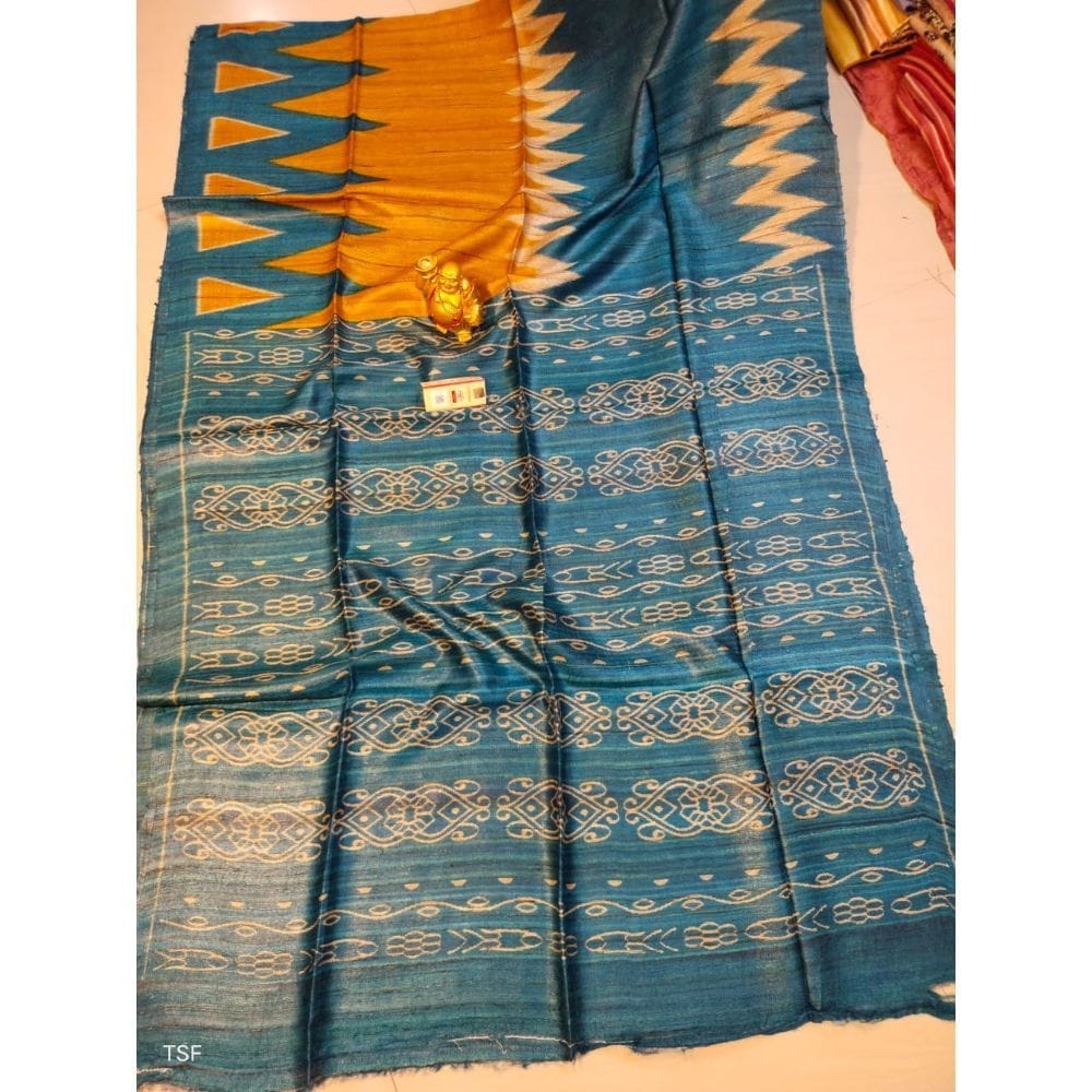 Silkmark Certified Tussar Silk Madhubani Block Print Orange color Saree with Blouse-3003