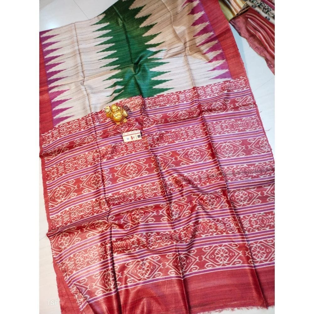 Silkmark Certified Tussar Silk Madhubani Block Print Biege color Saree with Blouse-6889