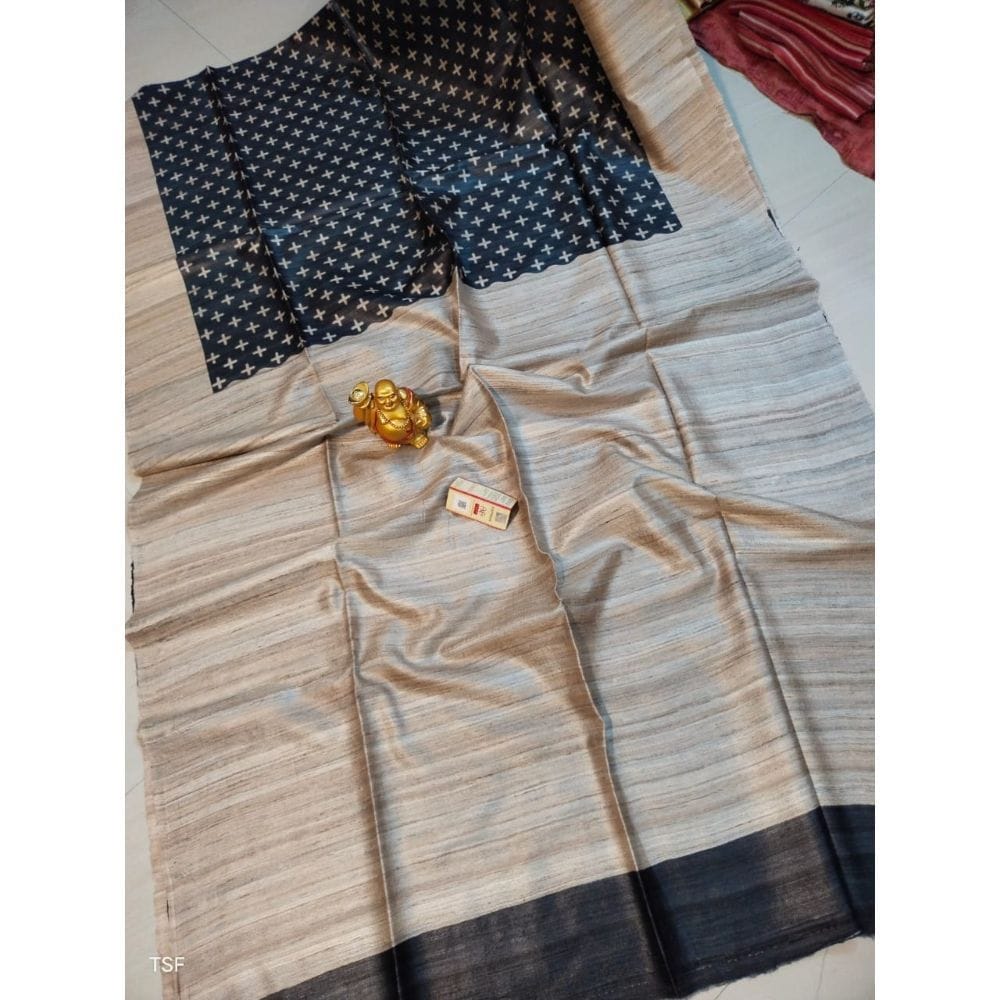 Silkmark Certified Tussar Silk Madhubani Block Print Black Saree with Blouse-9456