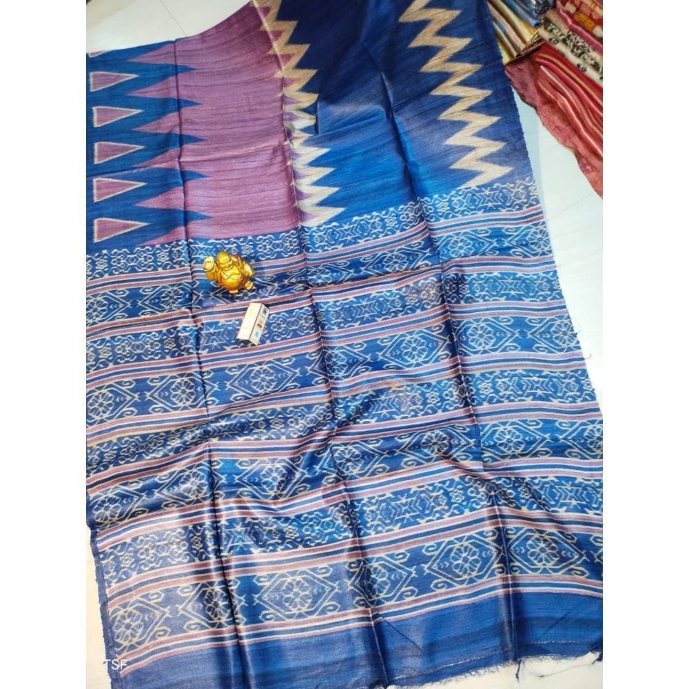 Silkmark Certified Tussar Silk Madhubani Block Print Blue Saree with Blouse-6959