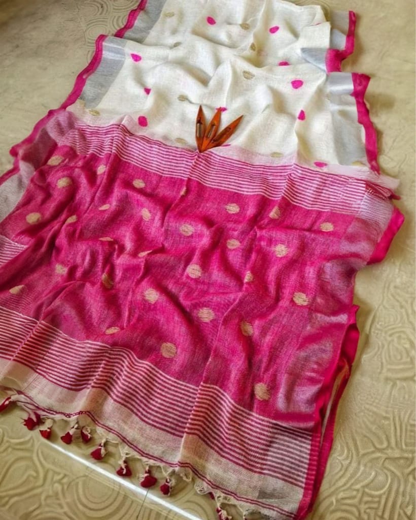 Pure Linen Jacquard work Weaving Design Handloom White and Pink Saree with Blouse-7775 - Sarees | Buy online on ZillyBuy