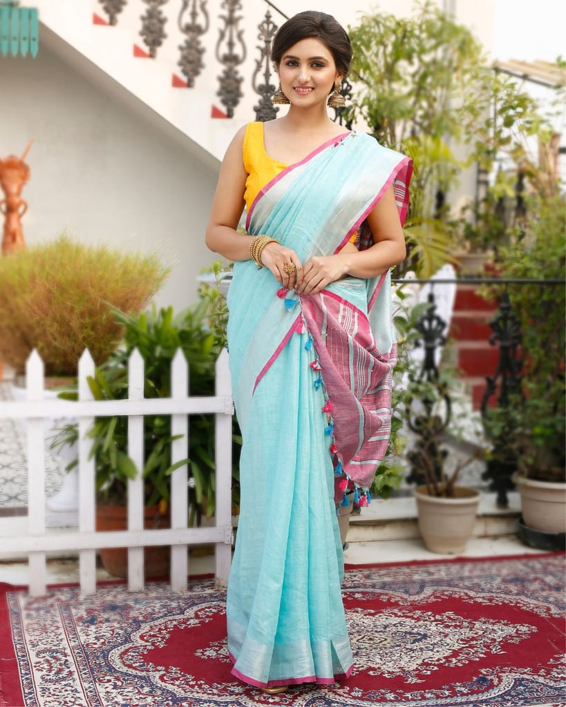 Pure Linen Floral Embroidered Sky Blue Saree with Embroidered Blouse-9529 - Sarees | Buy online on ZillyBuy