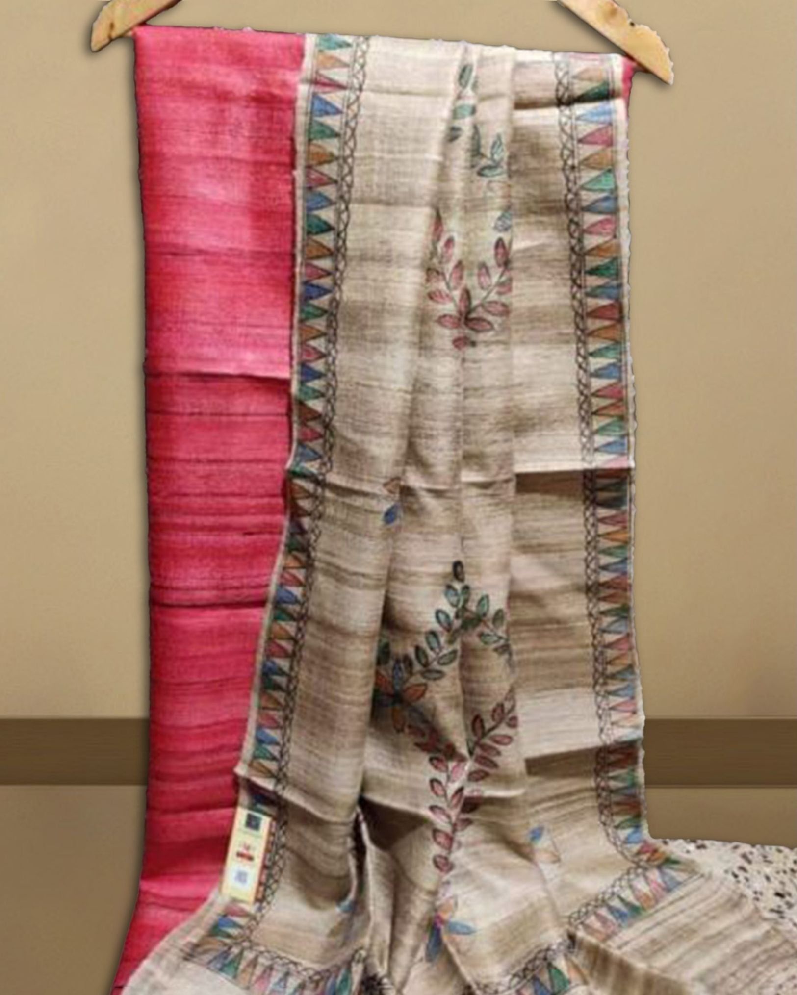 Tussar Silk Madhubani Biege Dupatta and Plain Tussar Silk Red Top (Tussar by Tussar) Silkmark Certified-3642