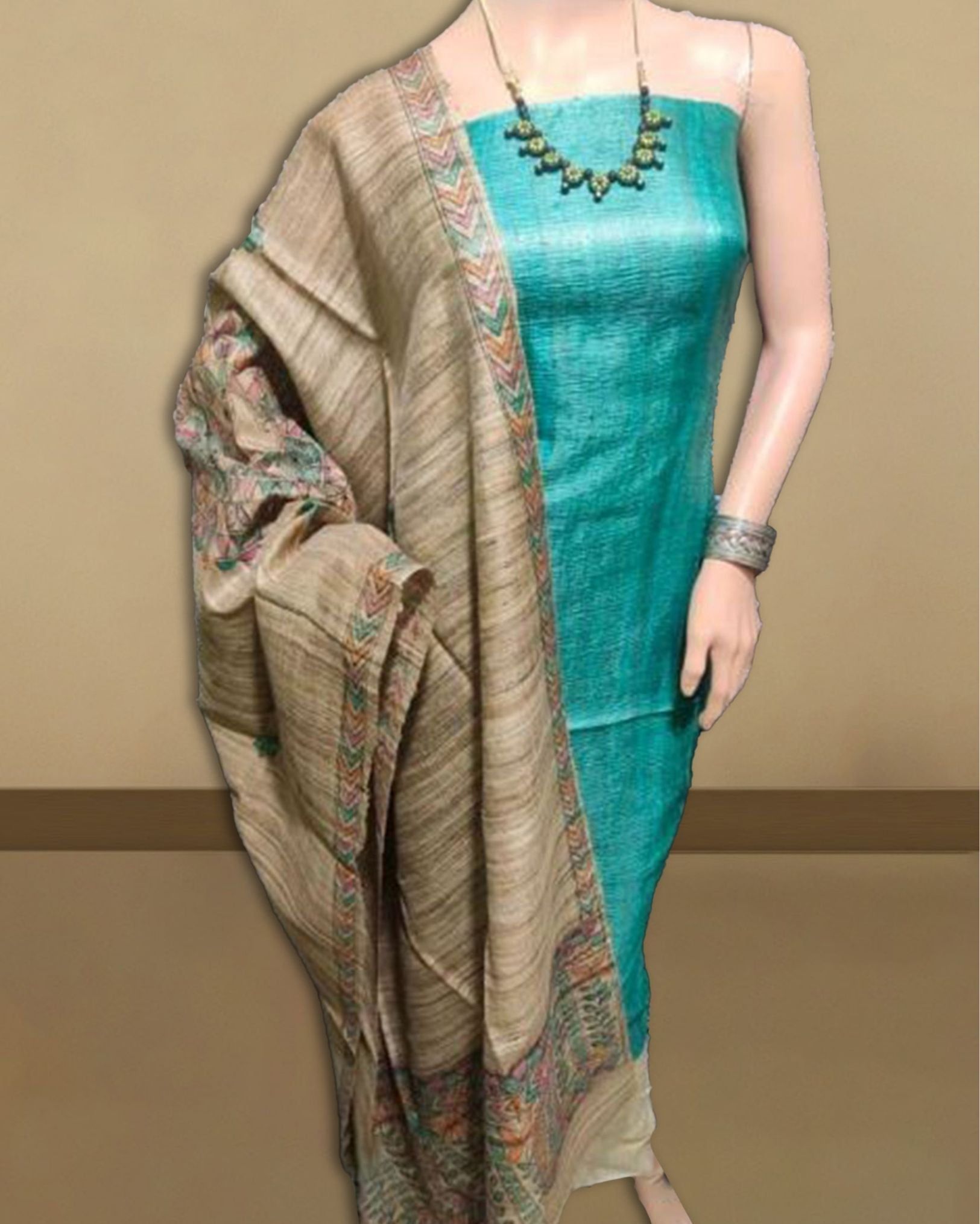 Tussar Silk Madhubani Biege Dupatta and Plain Tussar Silk Blue Top (Tussar by Tussar) Silkmark Certified-1964