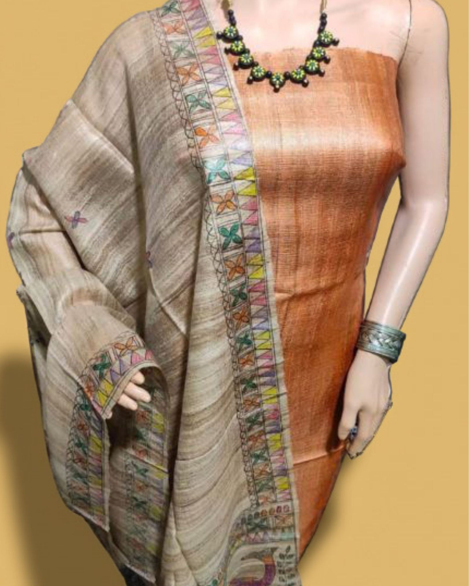 Tussar Silk Madhubani Biege Dupatta and Plain Tussar Silk Brown Top (Tussar by Tussar) Silkmark Certified-4642