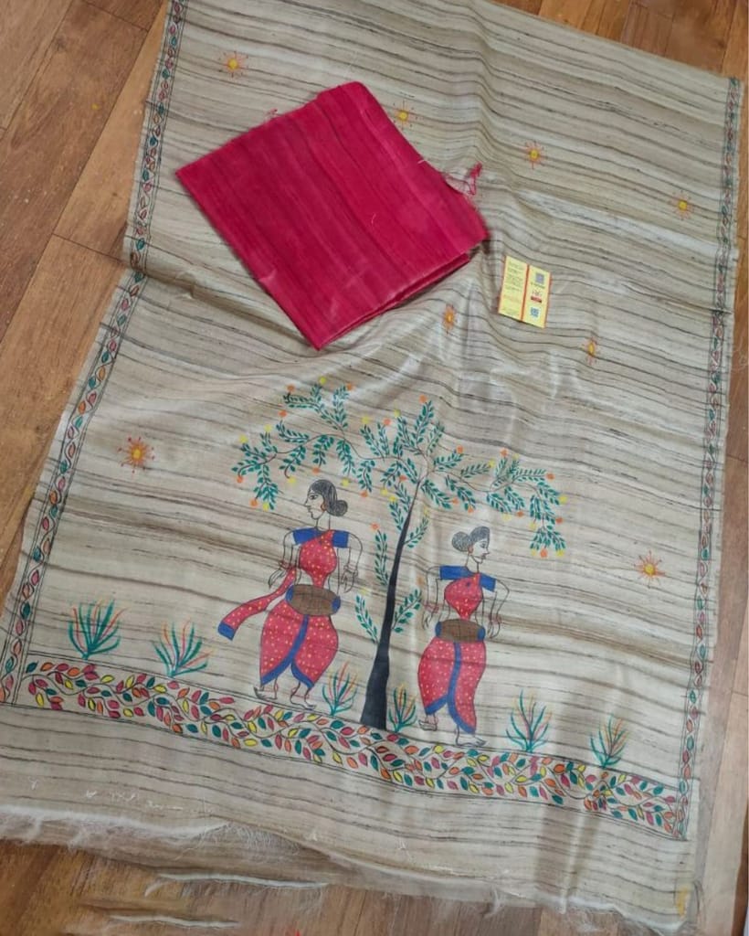 Tussar Silk Madhubani Biege Dupatta and Plain Tussar Silk Red Top (Tussar by Tussar) Silkmark Certified-9440 - Dupattas & Shawls | Buy online on ZillyBuy