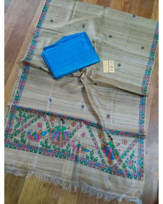 Tussar Silk Madhubani Biege Dupatta and Plain Tussar Silk Blue Top (Tussar by Tussar) Silkmark Certified-6260