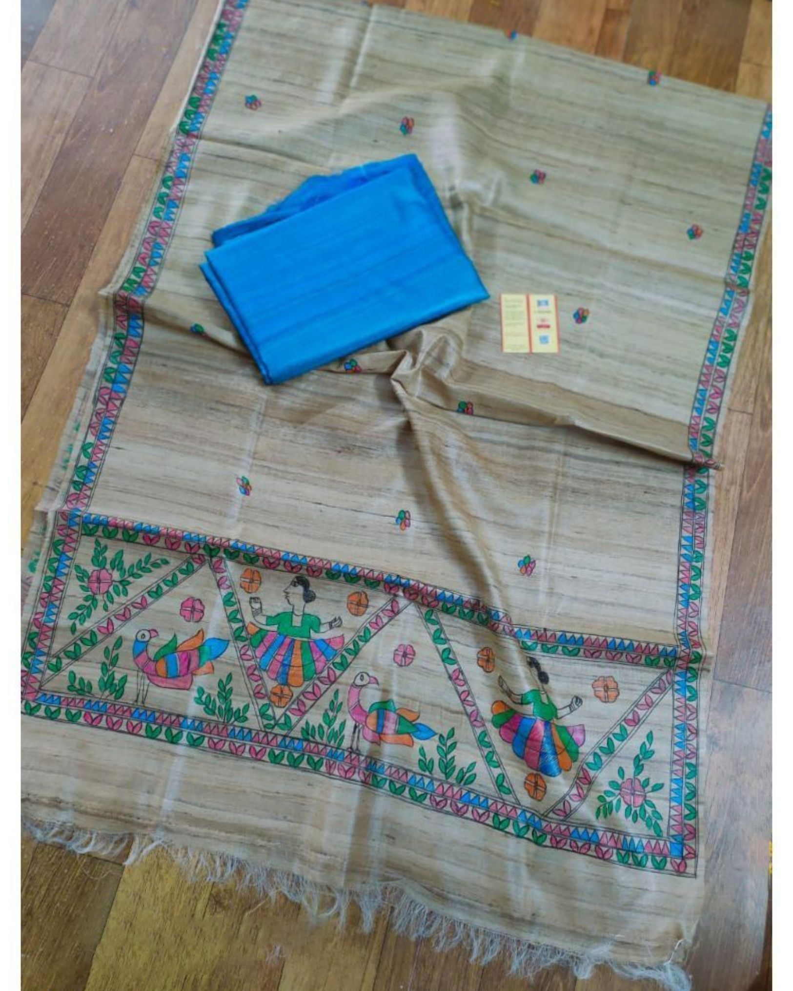 Tussar Silk Madhubani Biege Dupatta and Plain Tussar Silk Blue Top (Tussar by Tussar) Silkmark Certified-6260