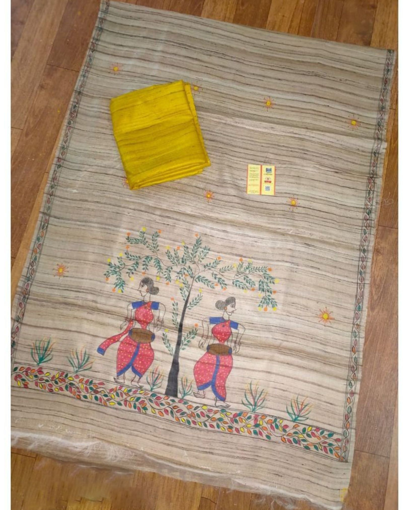 Tussar Silk Madhubani Biege Dupatta and Plain Tussar Silk Yellow Top (Tussar by Tussar) Silkmark Certified-4108